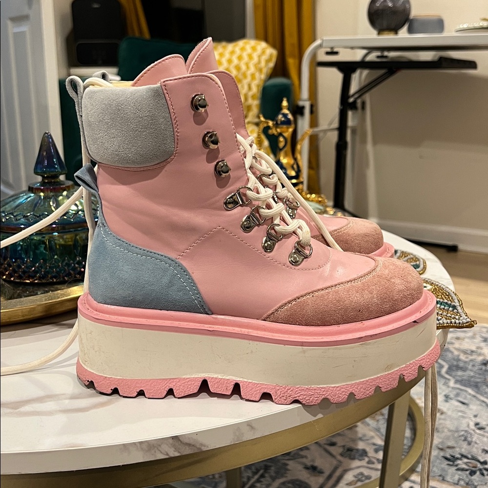 Trendy Pink and Blue Lace-Up Boots